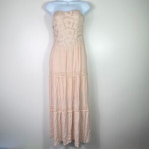 ModCloth Soieblu Bohemian strapless lace and crochet maxi dress